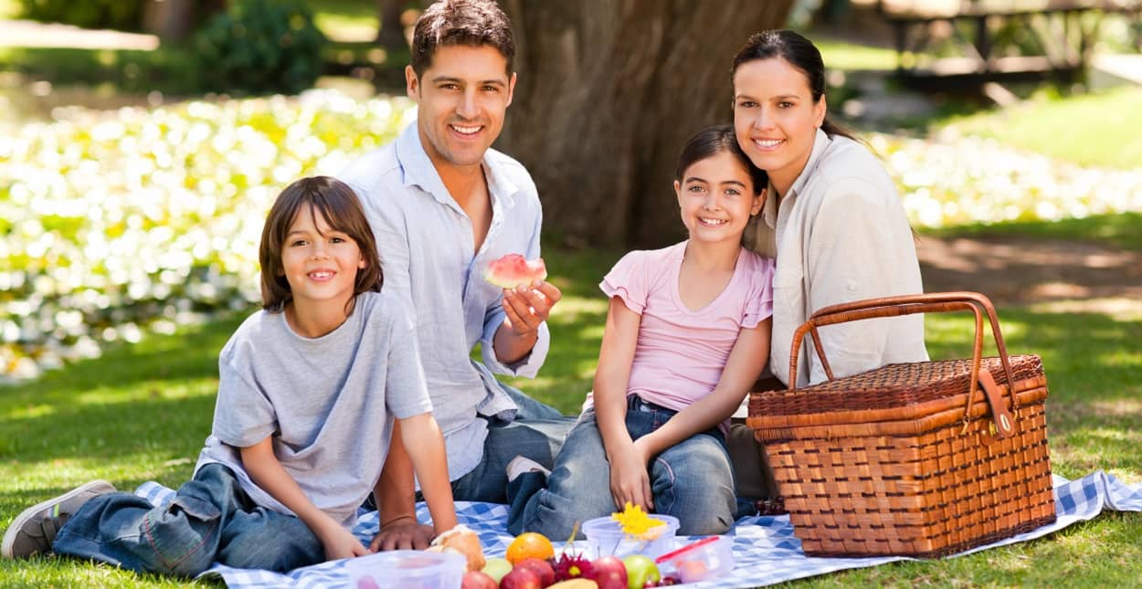 Eine Familie beim Picknick im Grünen