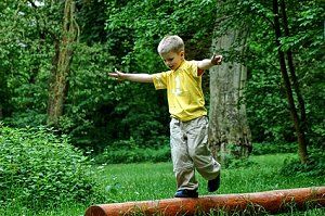 Kleiner Junge balanciert auf einem Baumstamm